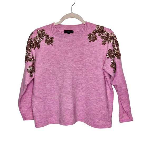 J. Crew‎ Womens Pink Gold Sequined Merino Wool Sweater M Floral Boxy - Picture 1 of 11